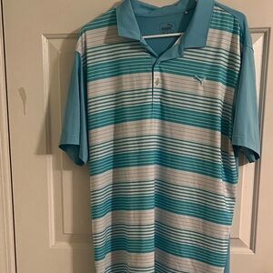 Puma Men's Blue and White Striped Polo Shirt